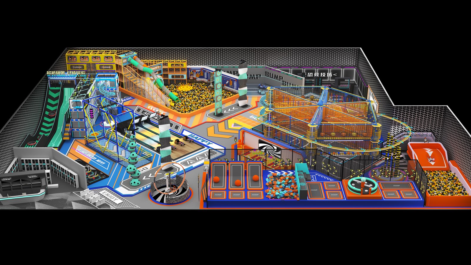 Custom trampoline park design 3D layout with activity zones, foam pits, ninja course, slides, and trampoline courts