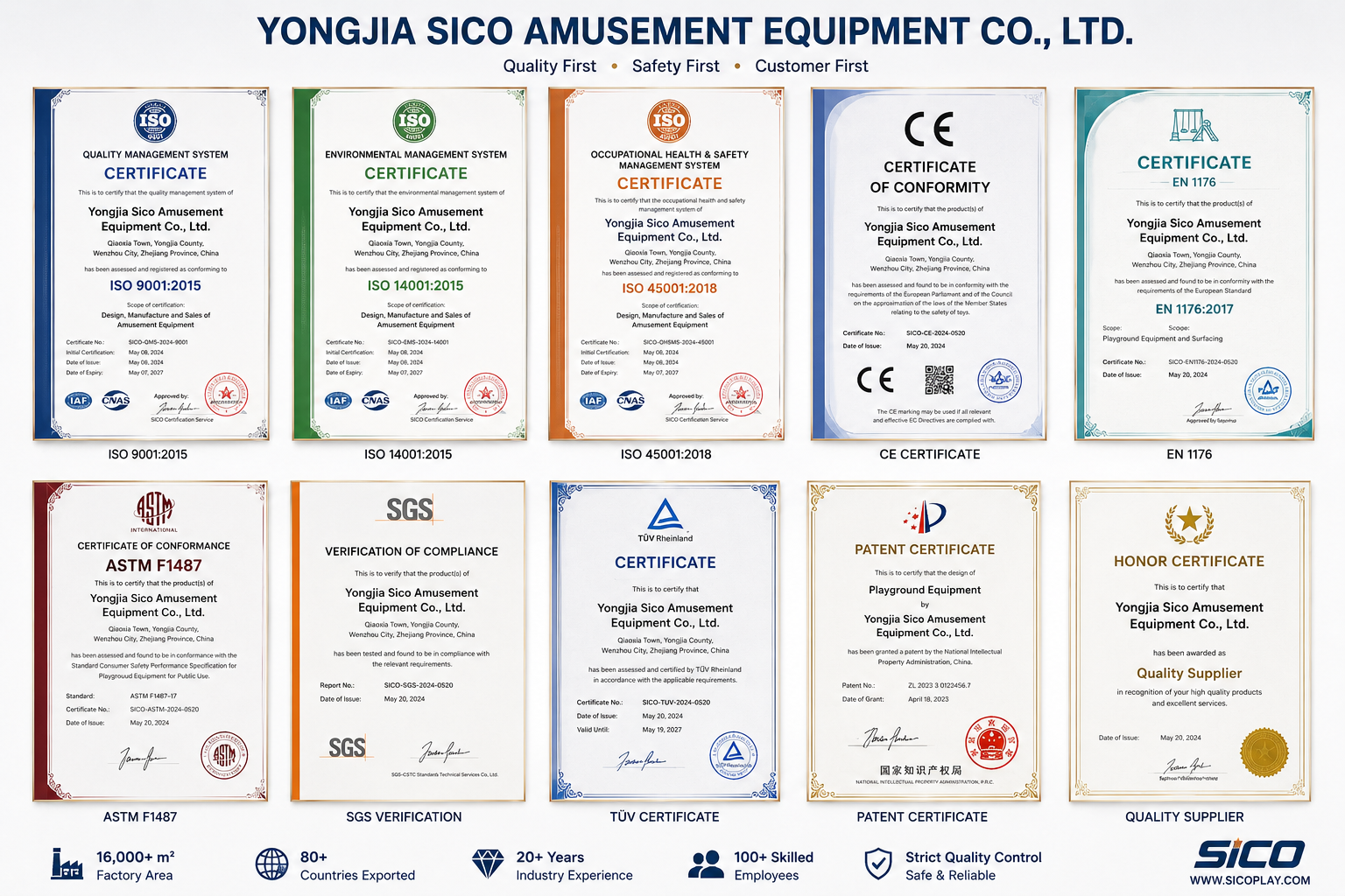 Factory certificates including ISO 9001, ISO 14001, ISO 45001, CE, EN 1176, ASTM, SGS, TUV, patent certificate, and quality supplier certificate